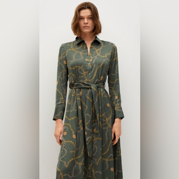 Mango Green Chain Print Midi Shirt Dress size 2 - Picture 3 of 10